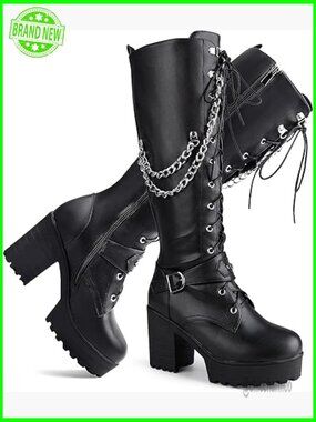 Knee High Lace Up Combat Boots Chunky Platform Heeled Boots Women Fashion